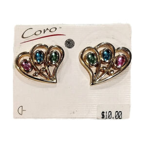 1970s Coro Gold Tone Cabuchon Austrian Crystal Earrings